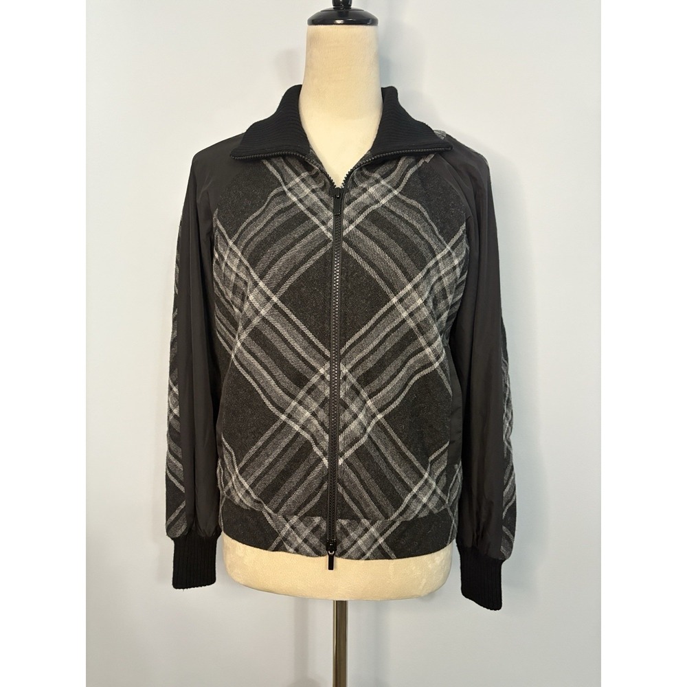 Lafayette 148 New York Wool Blend Plaid Bomber Jacket Charcoal Black Sz P XS EUC
